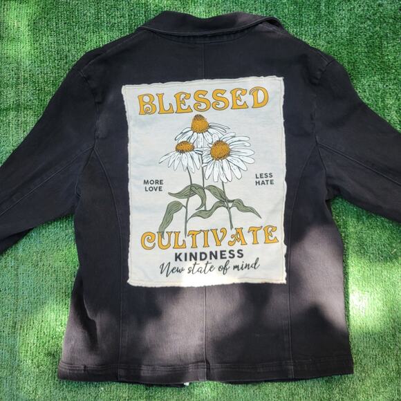 "Cultivate Kindness" Upcycled Black Denim Jacket - Picture 1 of 9